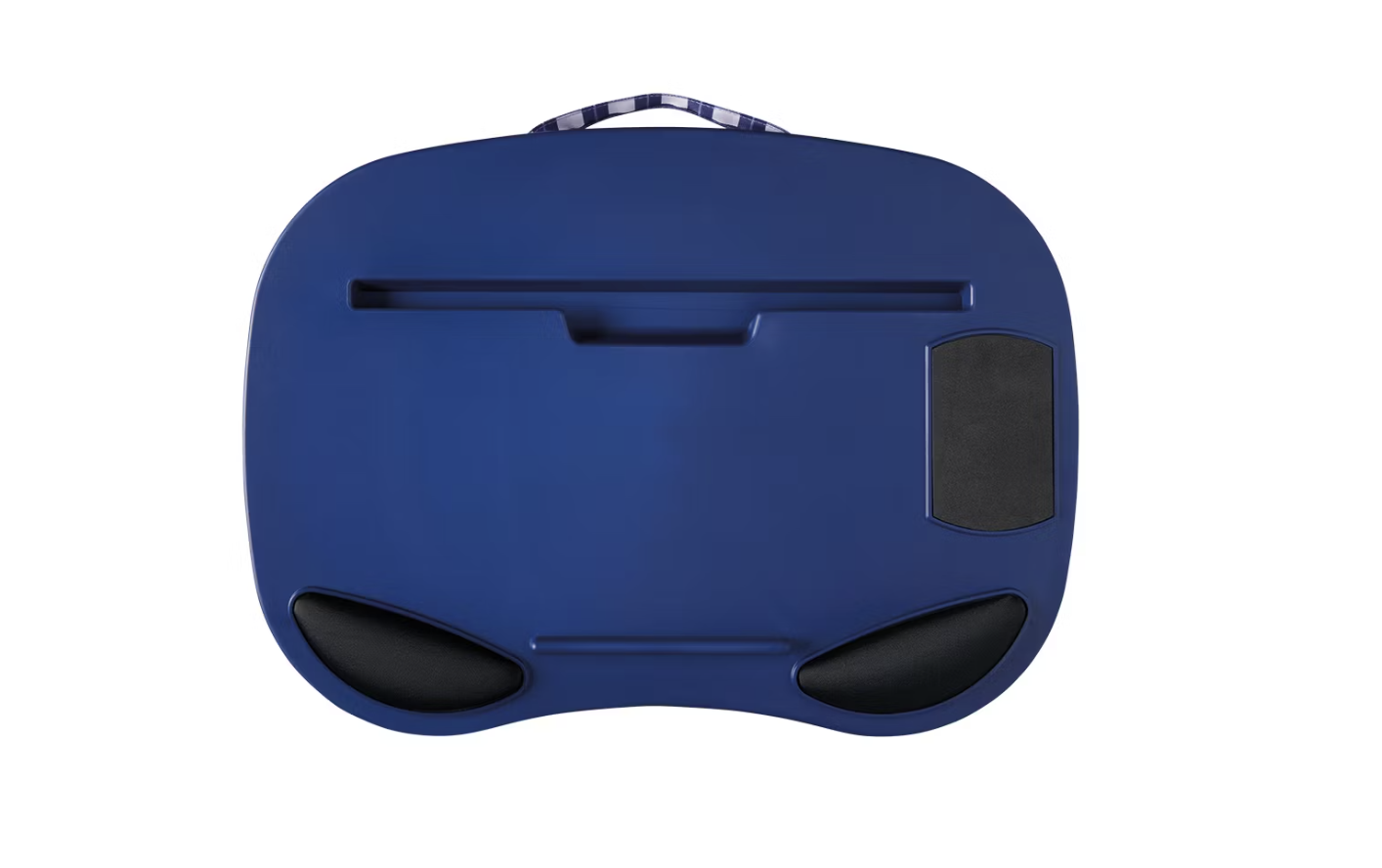 Rectangular laptop lap desk with slots for accessories and a handle for carrying