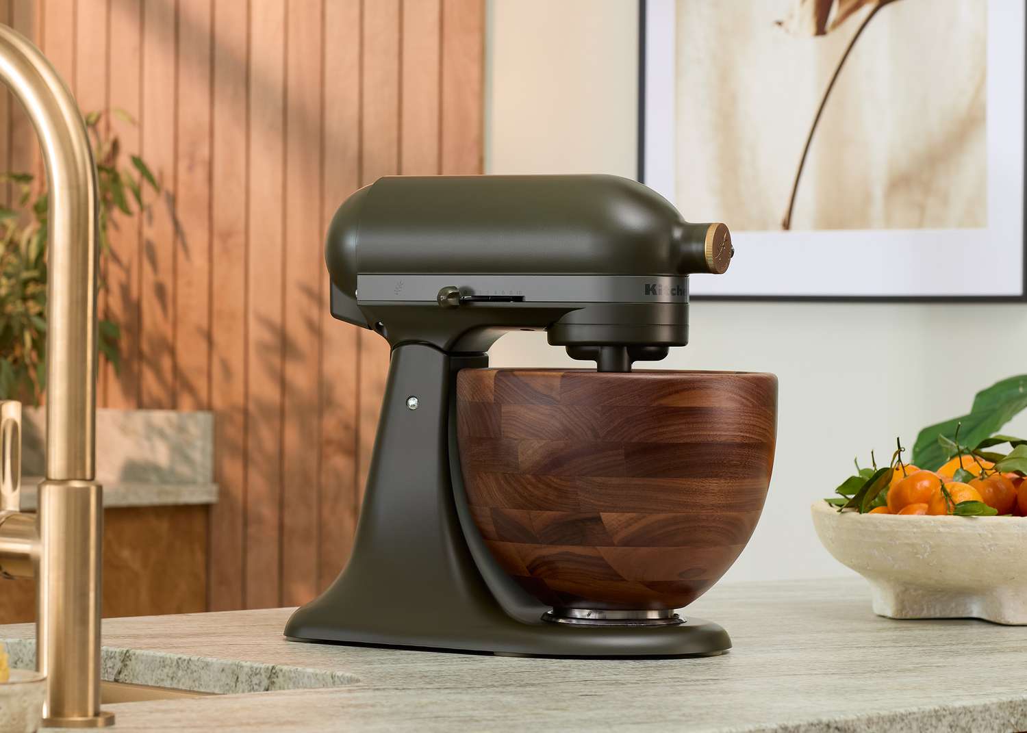 Evergreen kitchenaid mixer with wooden bowl