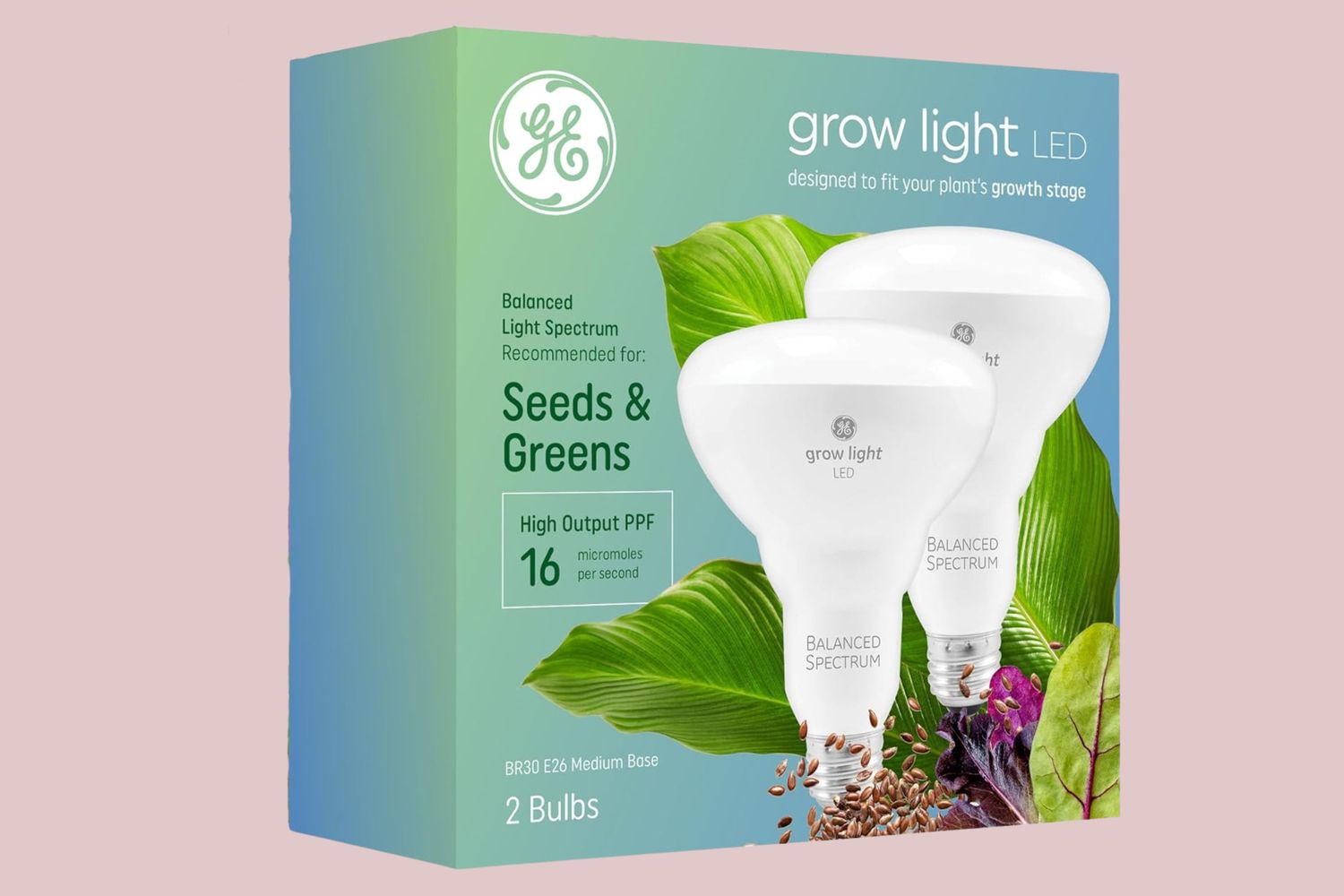 Product packaging for GE grow light LED bulbs featuring design elements for plant growth promotion