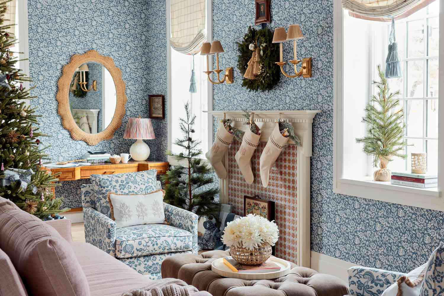 a living room in a blue pattern