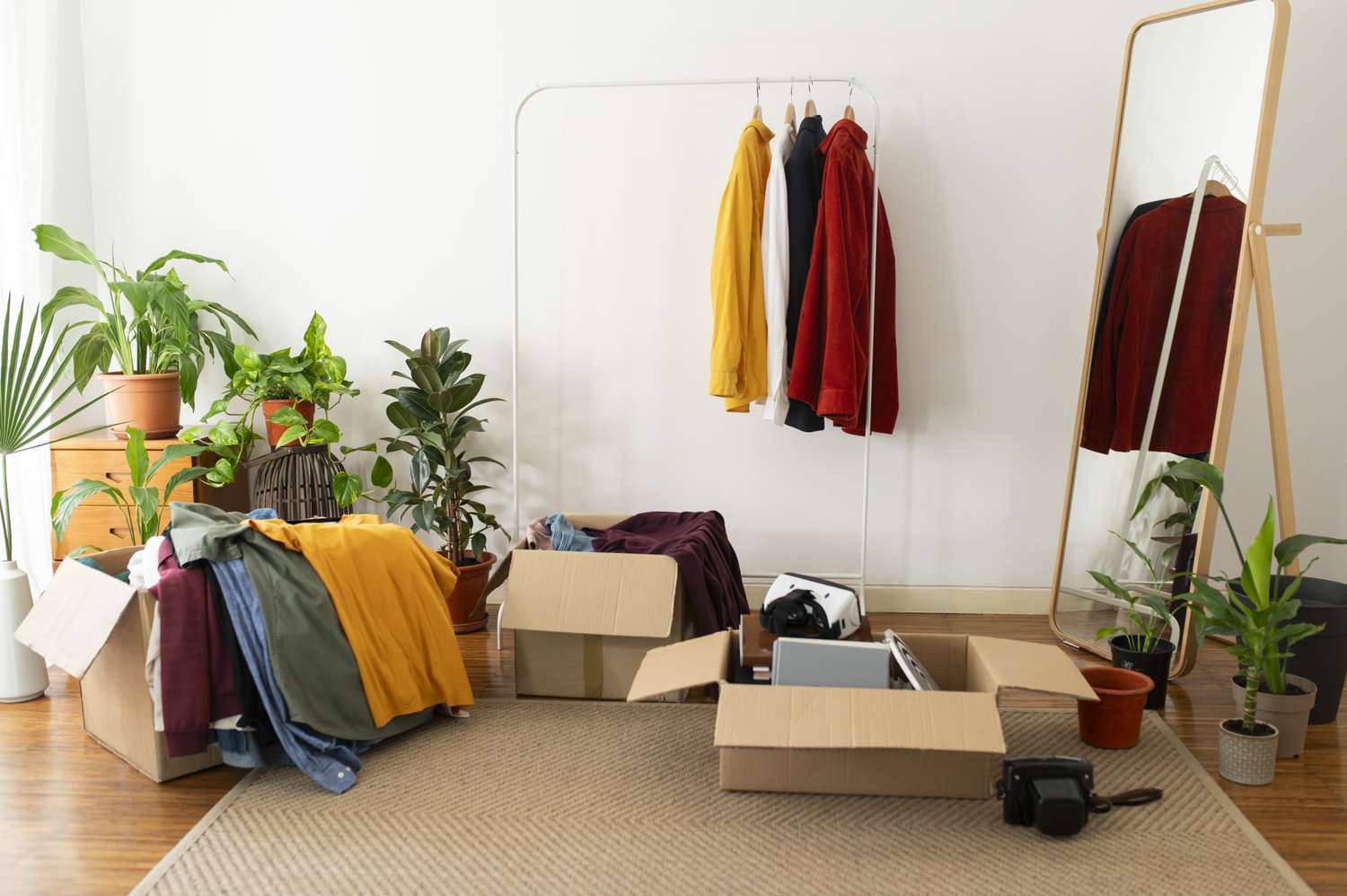 A clothing rack with hanging garments boxes with clothes and items surrounded by plants and a mirror in a room
