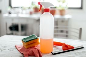 sponges, gloves and cleaning spray bottle on a table in a home