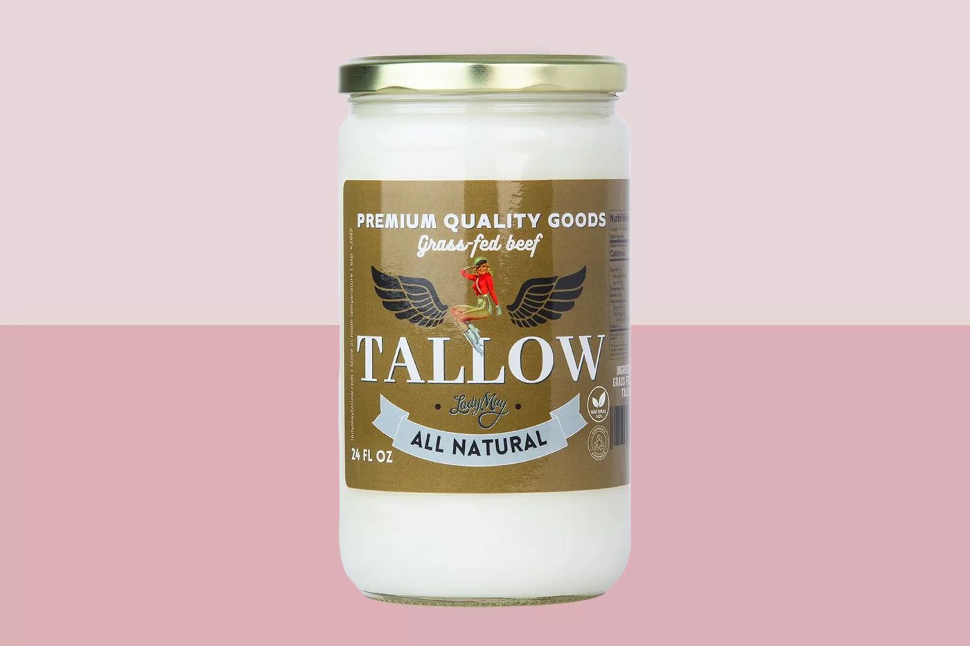 jar of beef tallow on pink background