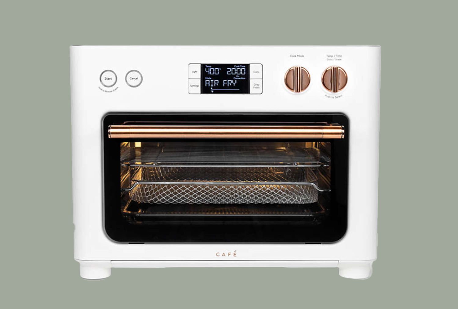 A modern white air fryer oven with digital display and adjustable control knobs