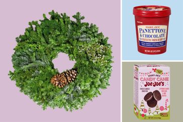 A wreath of greenery Trader Joes Panettone and Chocolate Ice Cream and Candy Cane JoeJoes cookies arranged on a pastel background