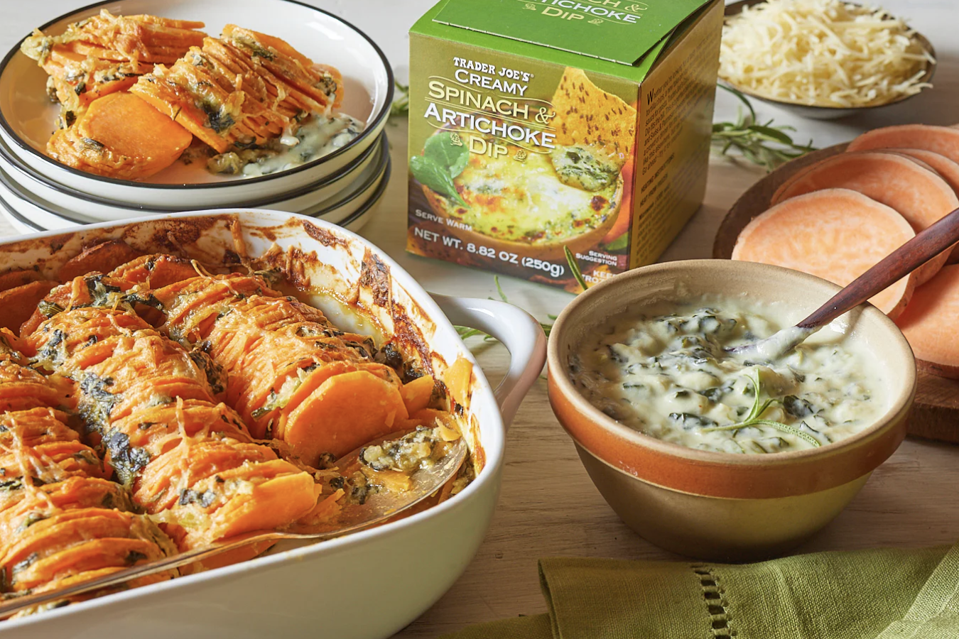 Sweet potato dish with Trader Joes spinach artichoke dip in packaging