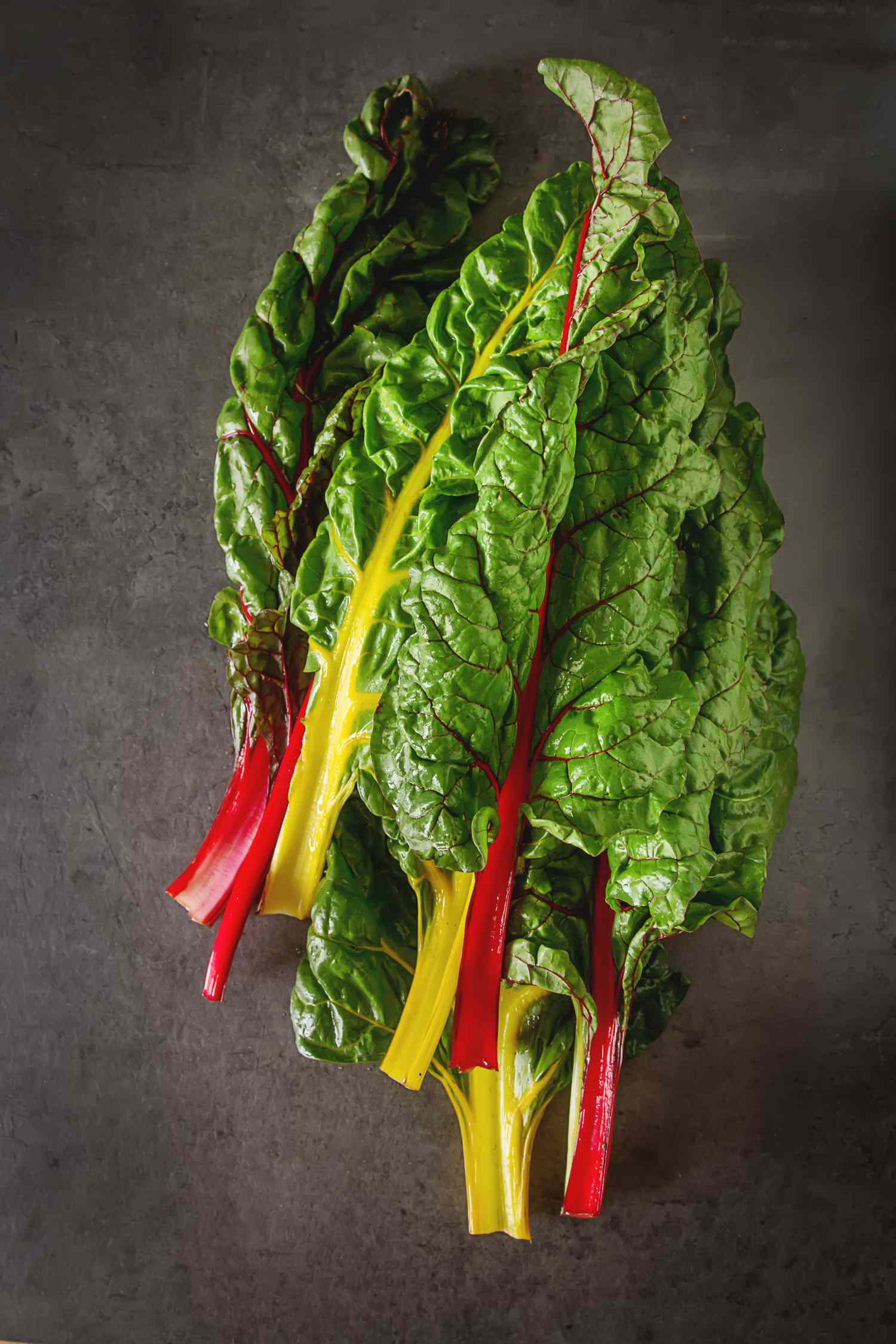 Swiss chard leaves with red and yellow stems on dark surface