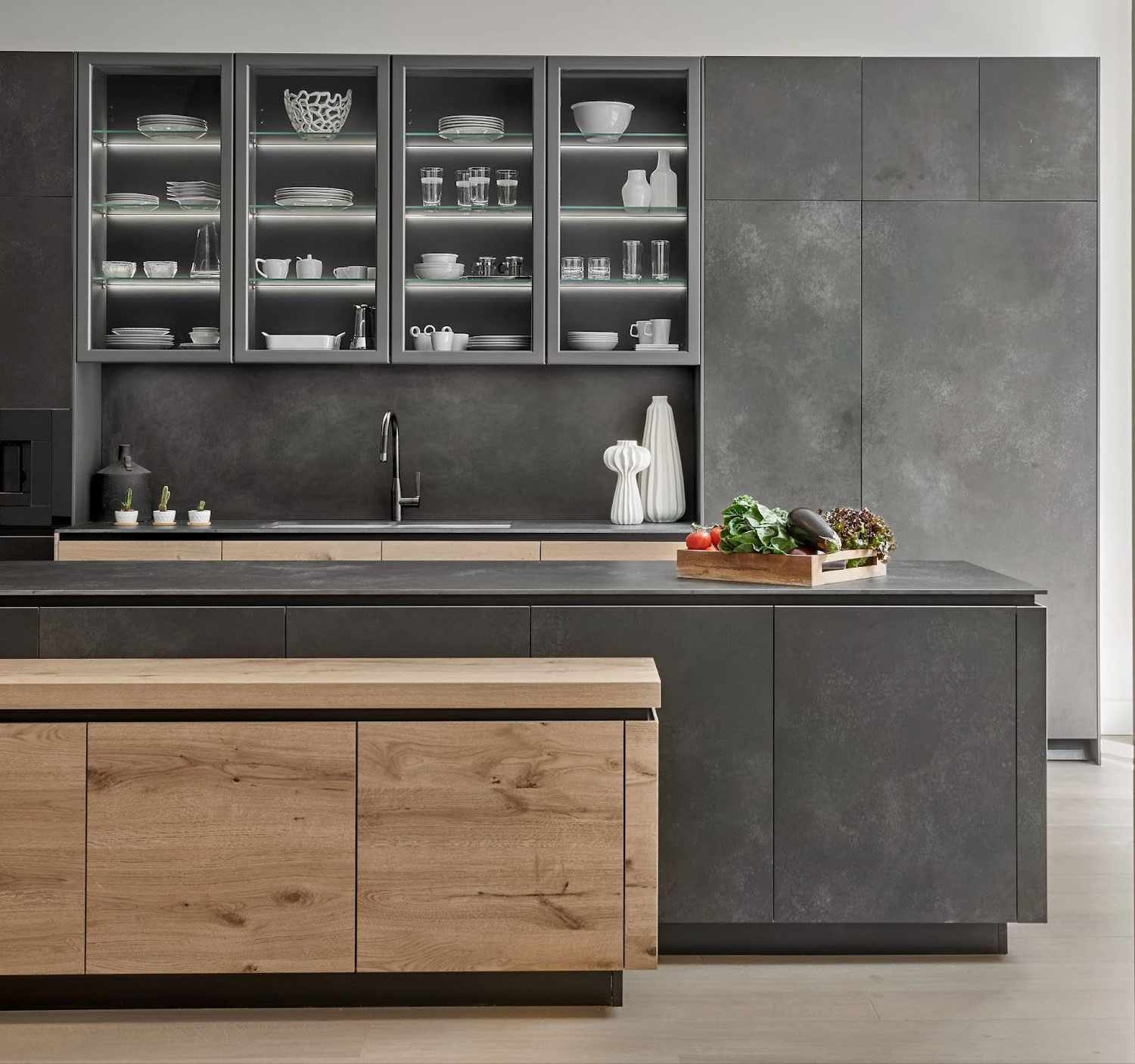 a gray kitchen with open shelves