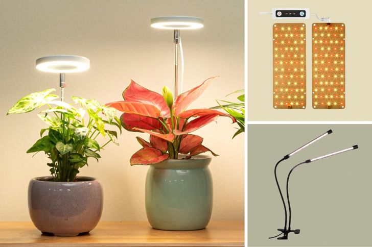 Various types of grow lights illuminating potted plants