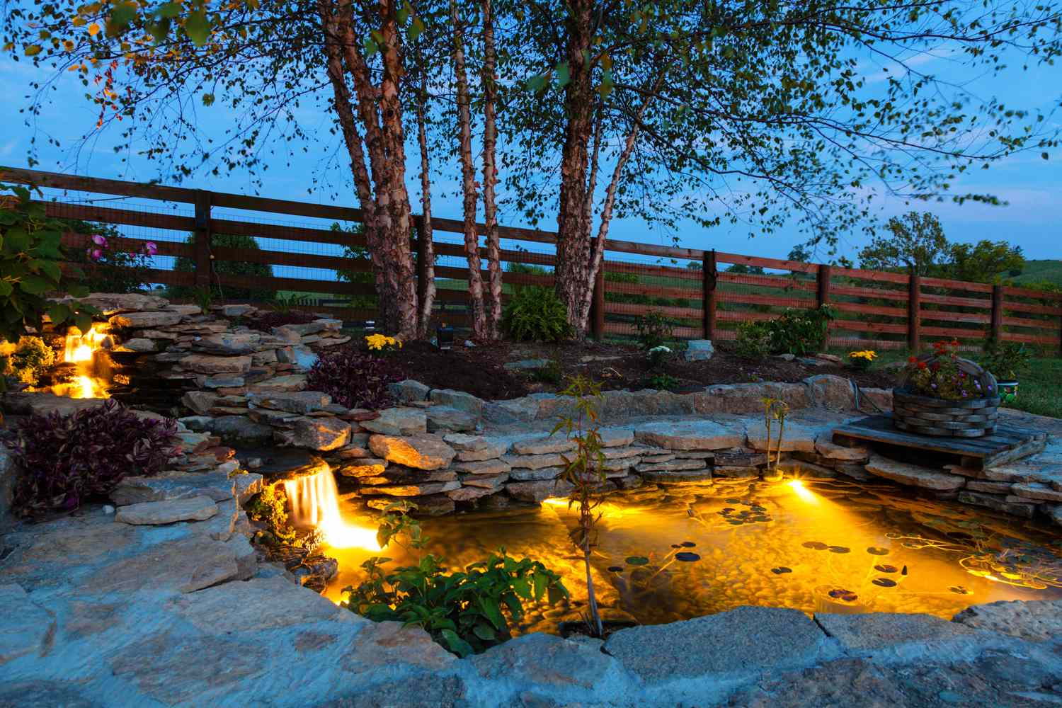 Decorative koi pond in a garden at night