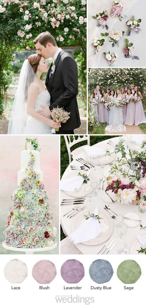 wedding color palette mood board lace, blush, lavender, dusty blue, sage