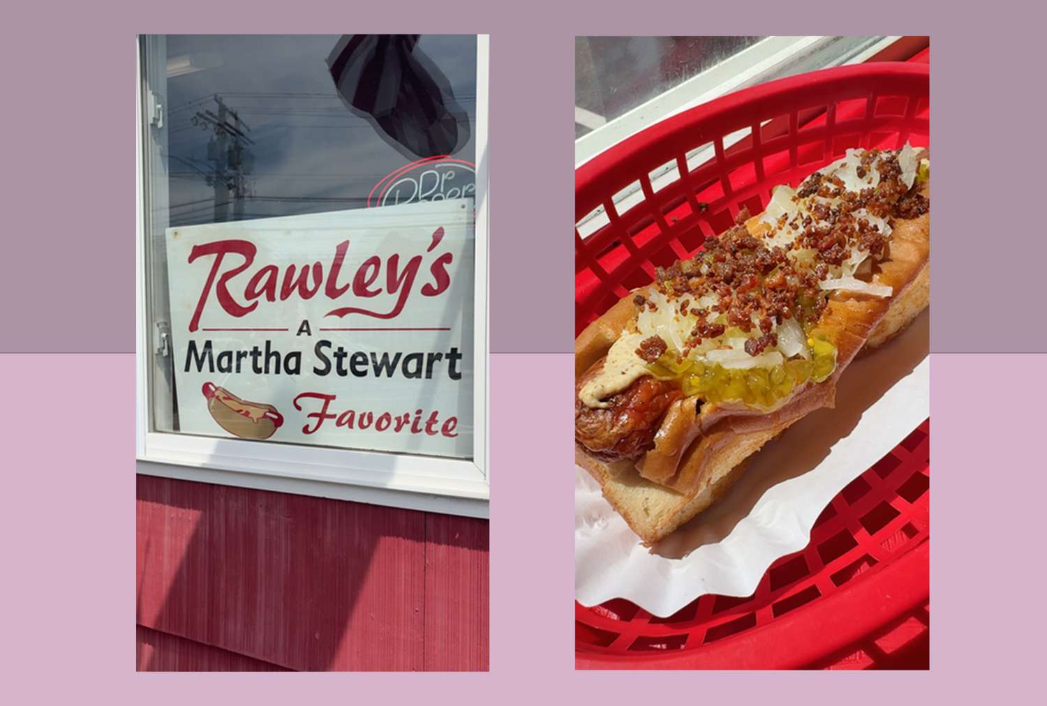 A sign reads Rawleys A decorvow Favorite alongside a hot dog with toppings in a red basket