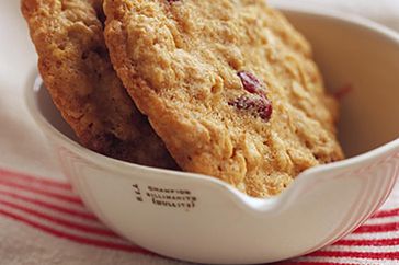 two oatmeal cookies in a ceramic bowl