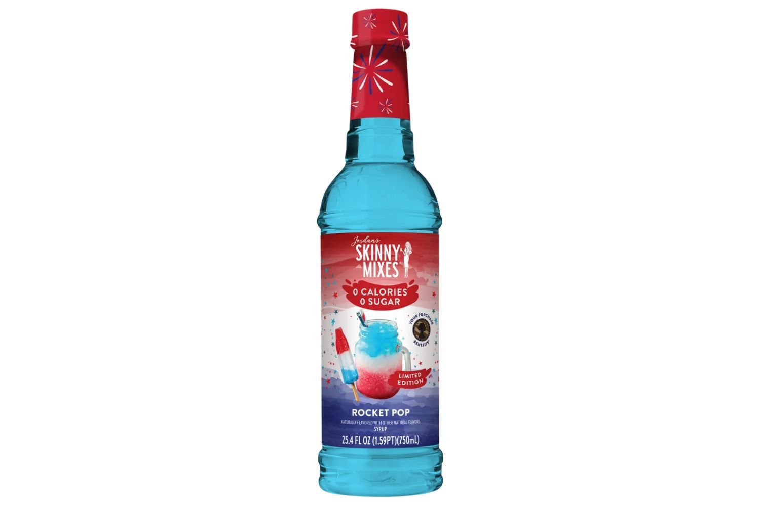 A bottle of Skinny Mixes Rocket Pop syrup labeled as zero calories and sugar with a patriotic design