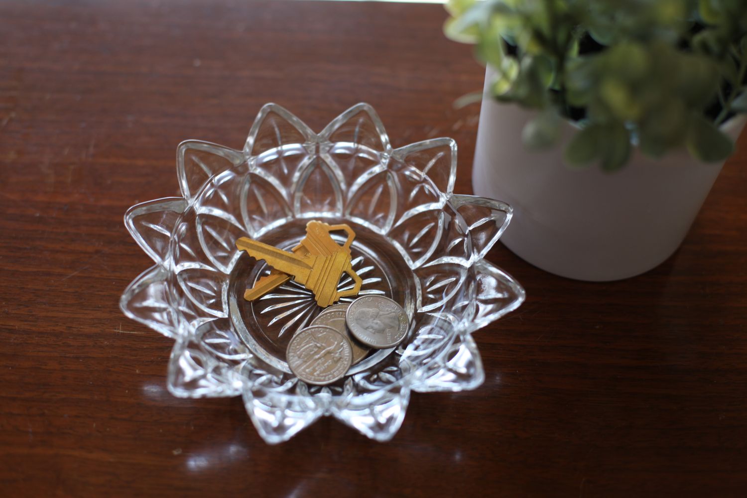 A crystal dish with coins and a key on a wooden surface next to a potted plant