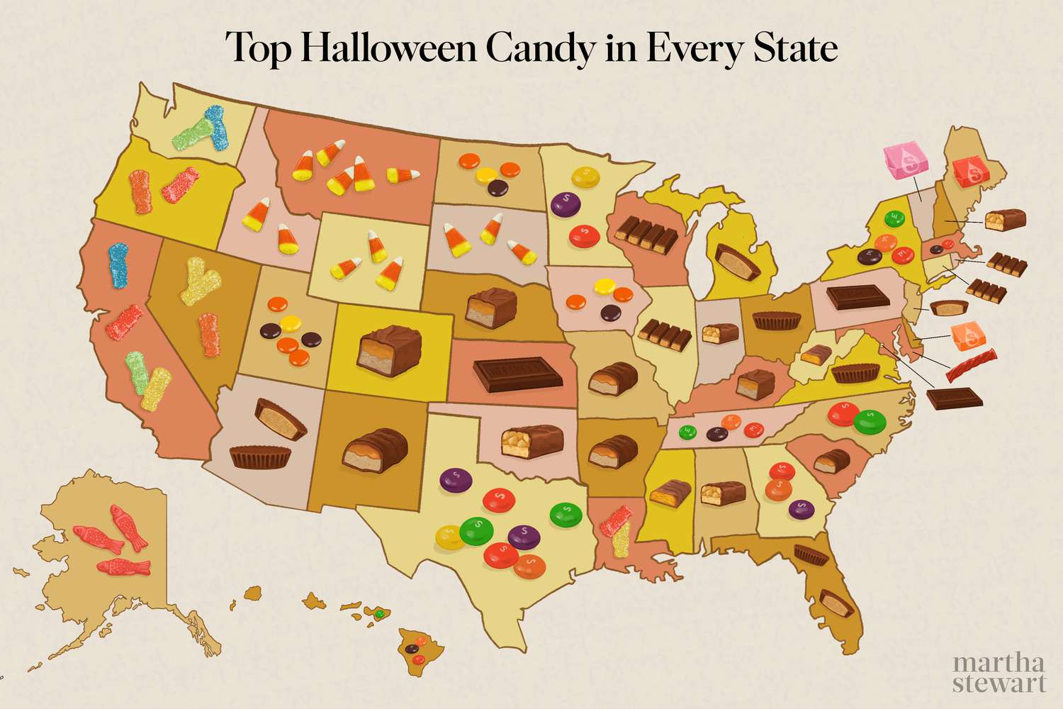 map showing halloween candy favorites by states