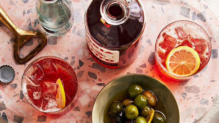 Amaro Spritz with olives