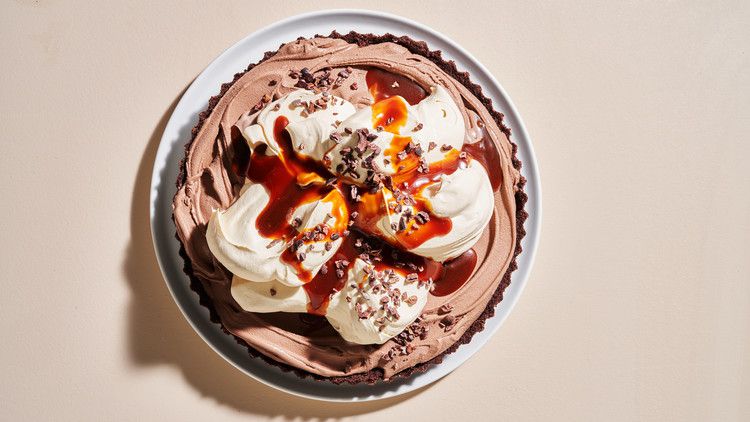 frozen cafe-mochaccino tart topped with cocoa nibs