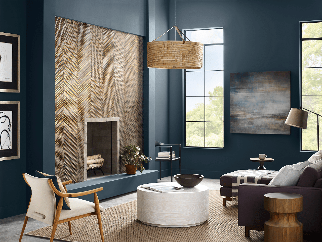 Living room painted dark blue