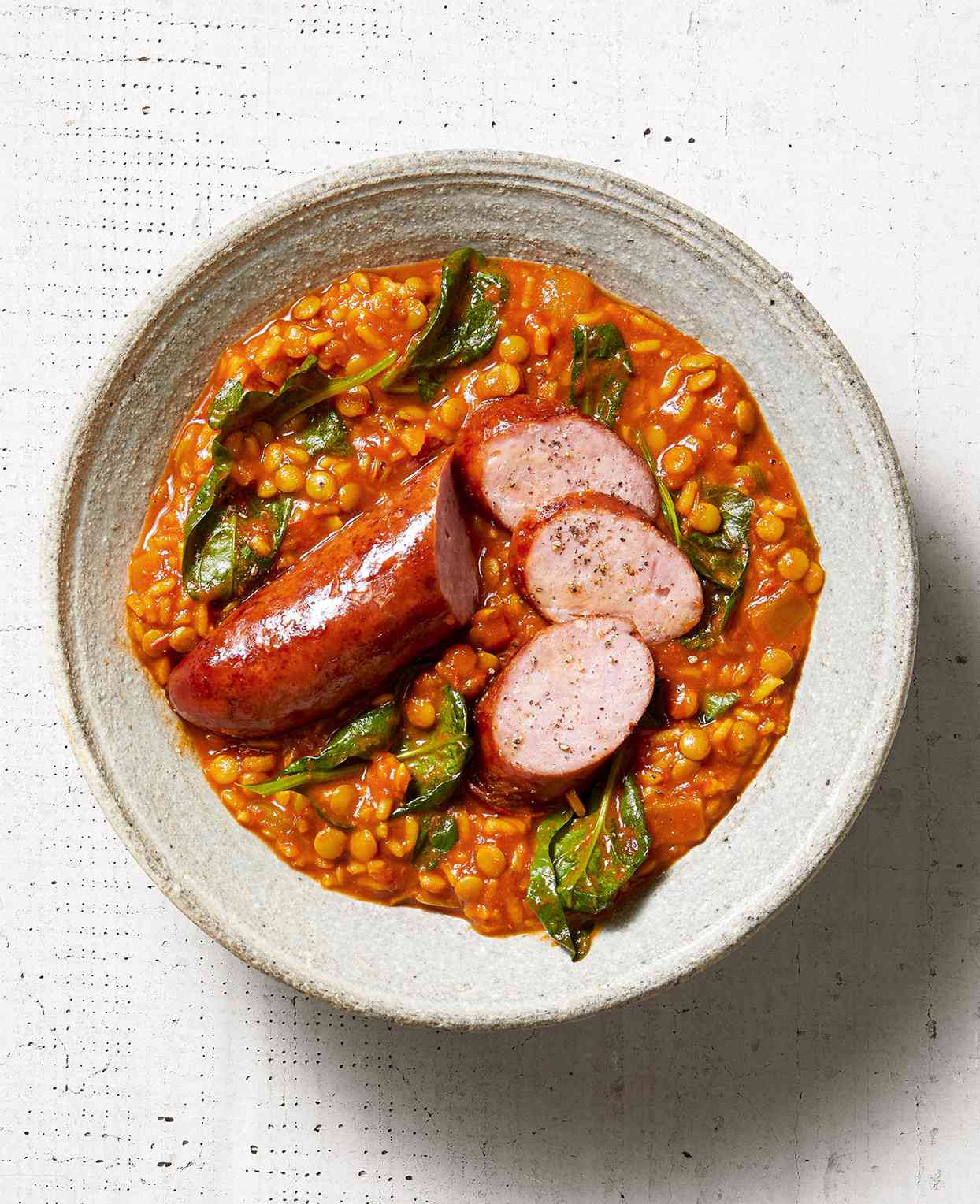 kielbasa and lentil rice with spinach