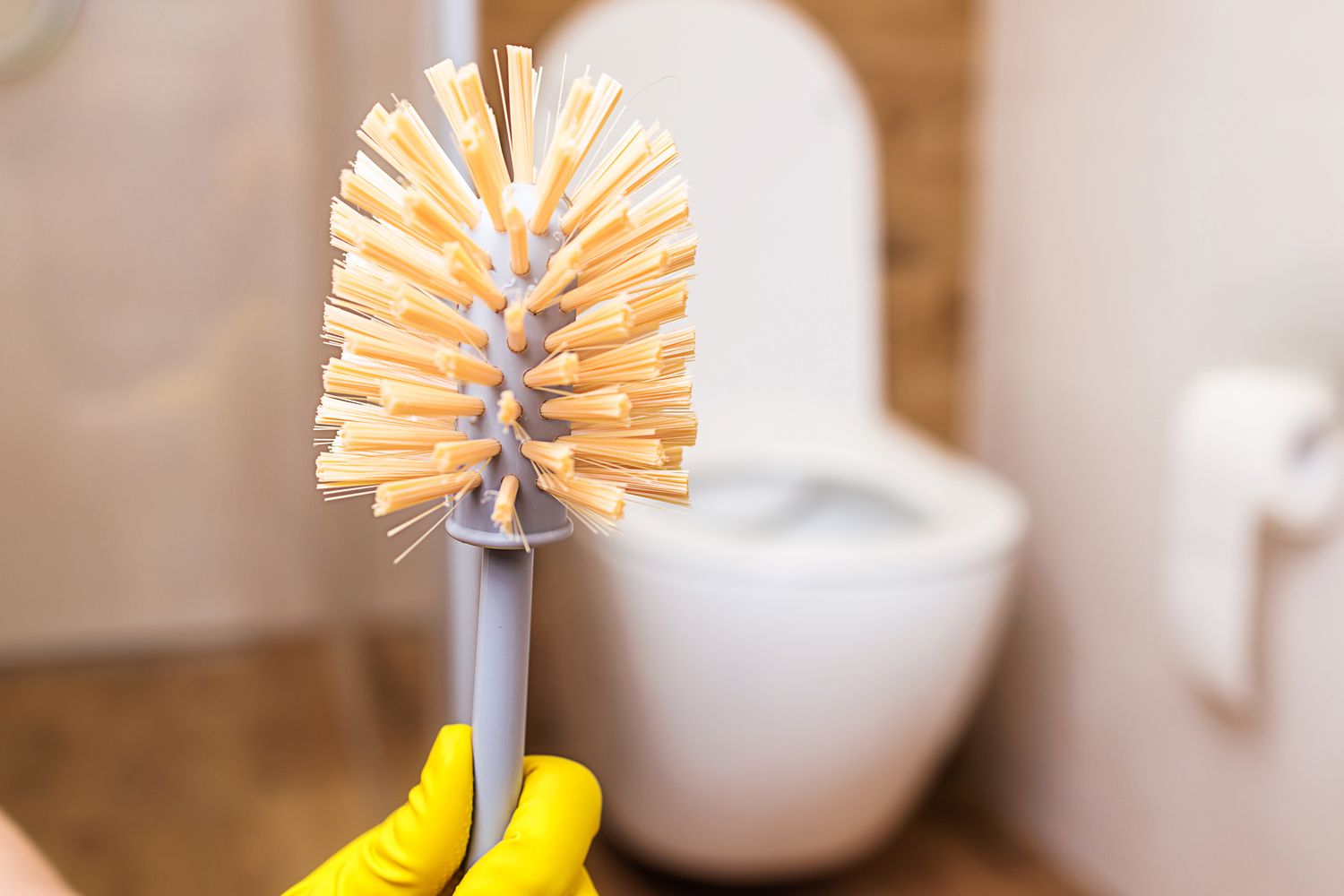 A toilet brush held near a toilet in a bathroom