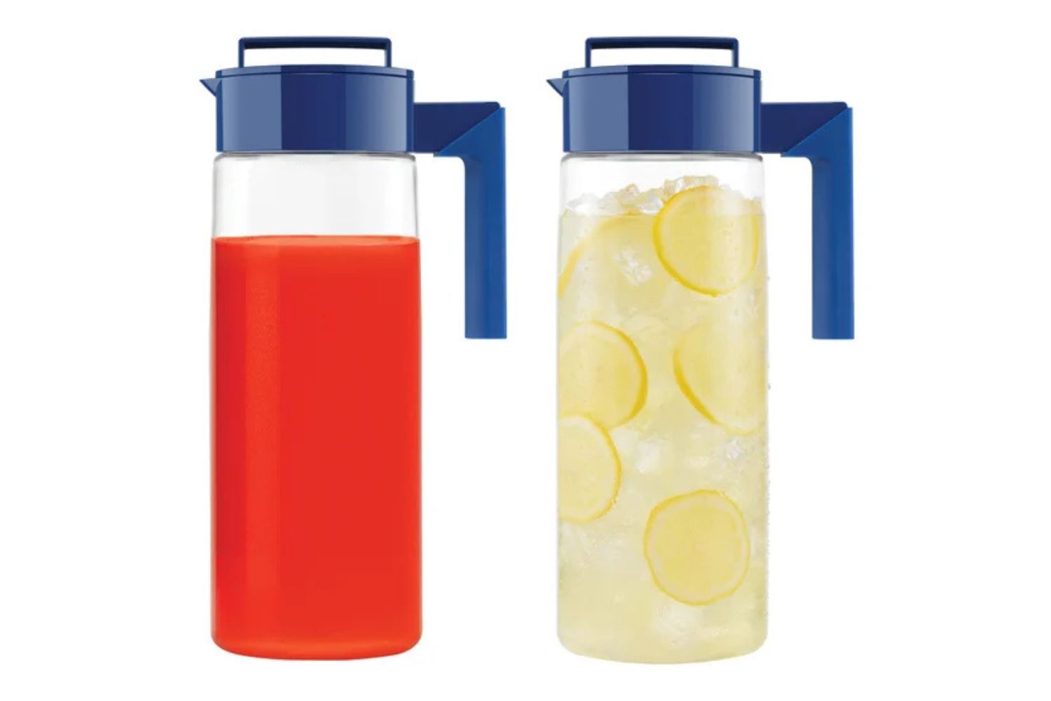 Two pitchers one with red liquid and the other with lemon slices and liquid