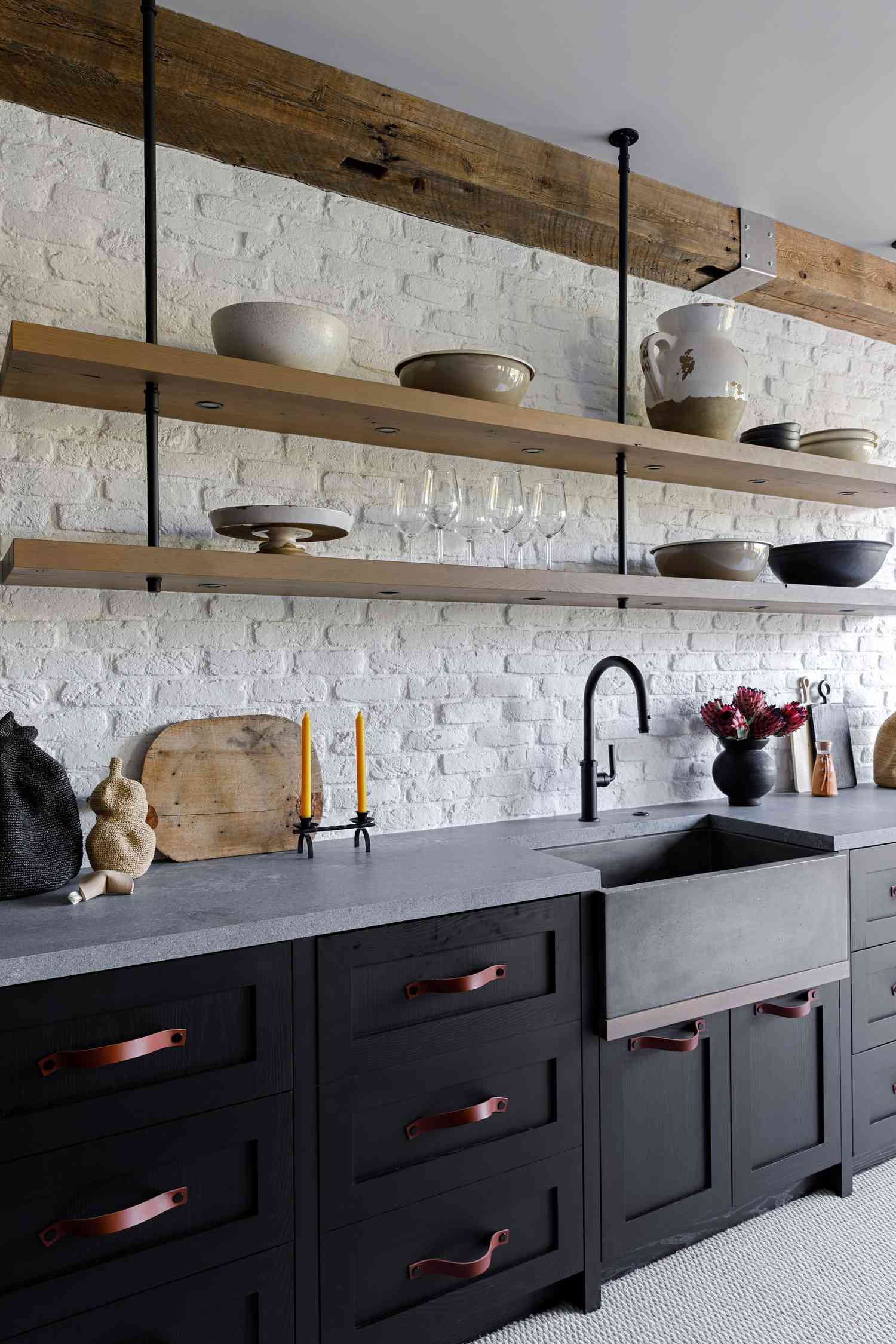 Kitchen with open wood shelves