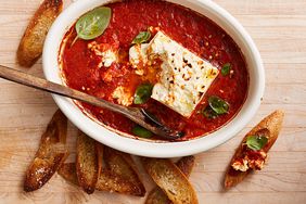 overhead view of baked feta marinara dip