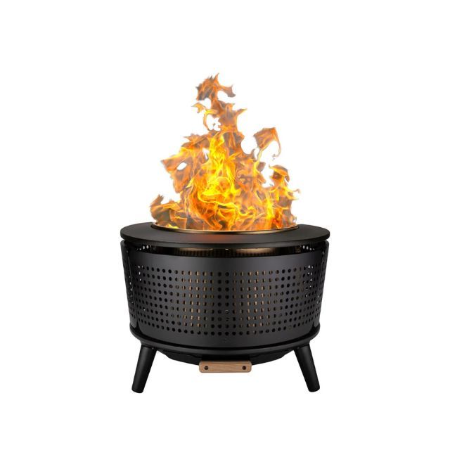 A round metal fire pit with flames rising from its center