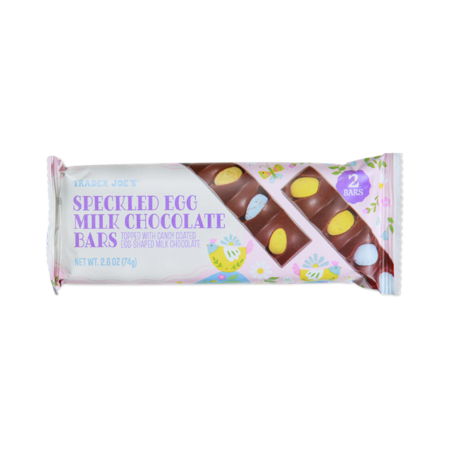 Package of Trader Joes Speckled Egg Milk Chocolate Bars showing chocolate with colorful speckled egg pieces