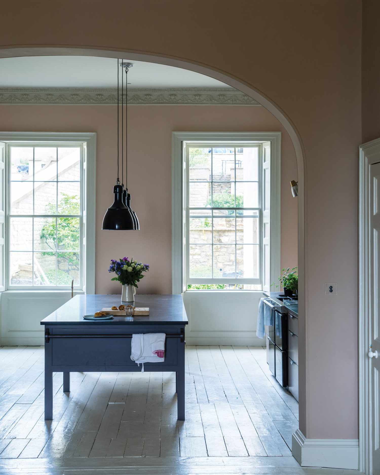 brown and blue kitchen island