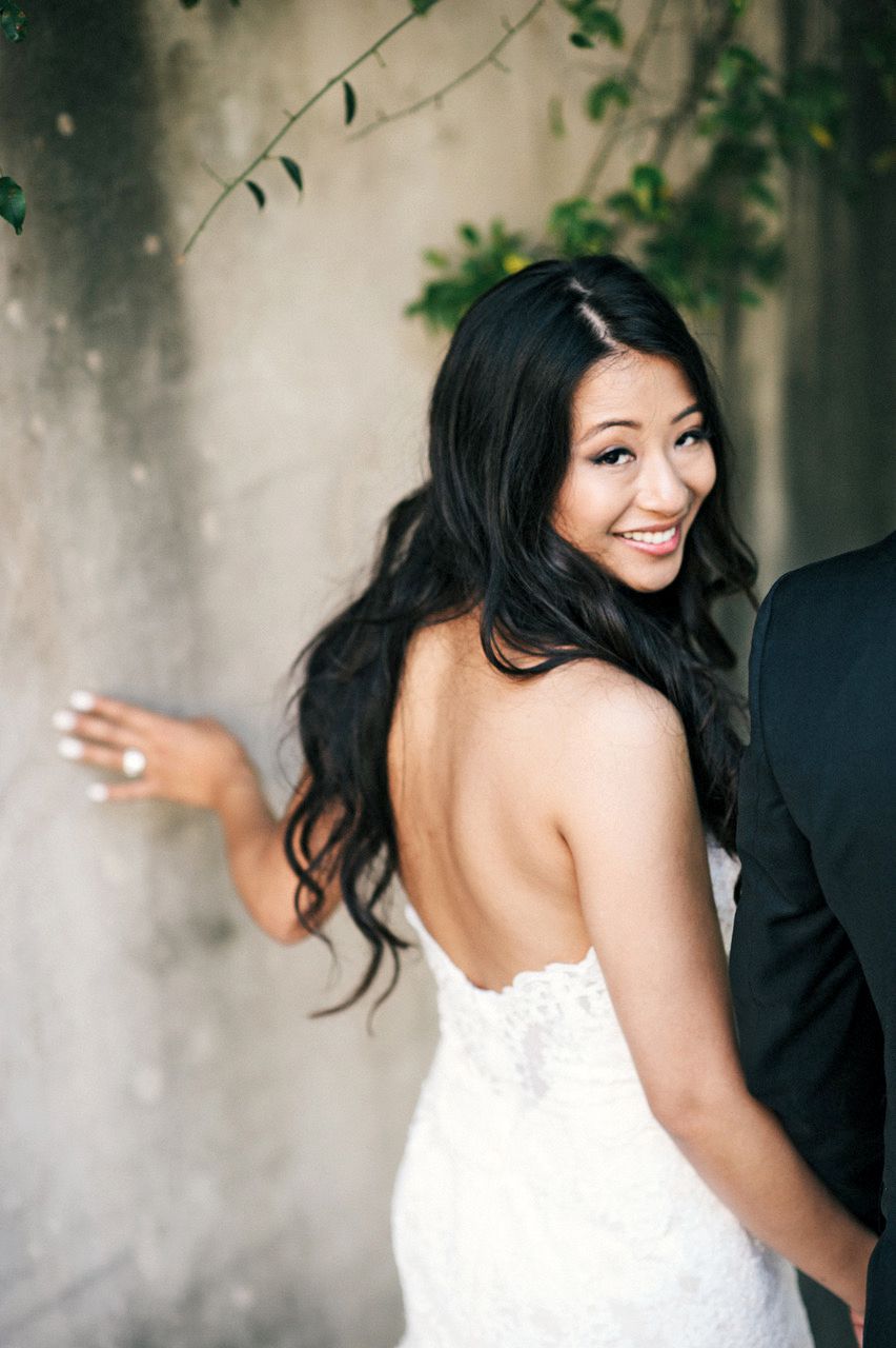 bride with strapless dress and wavy long hair