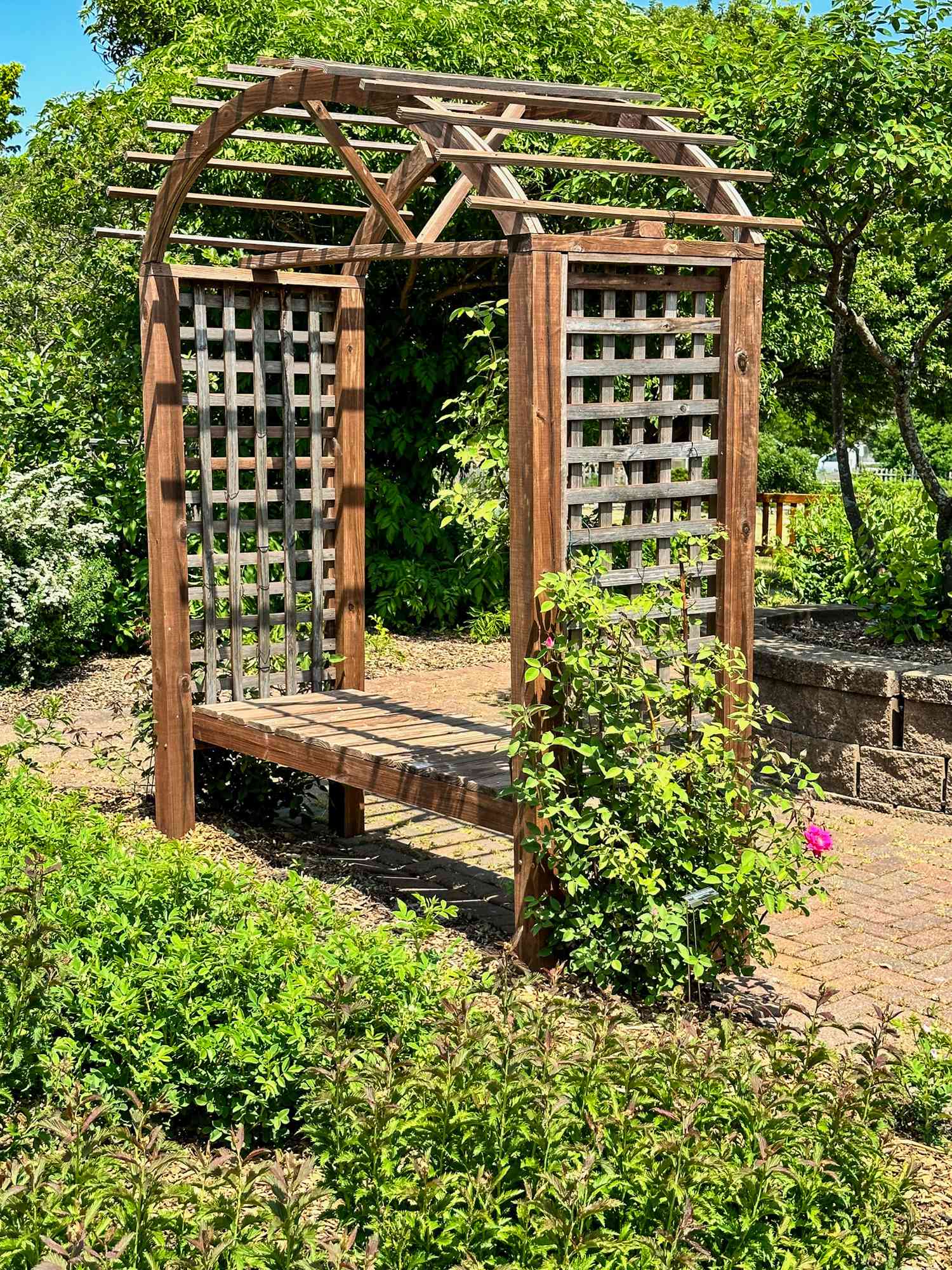 a wood garden arch with a bench