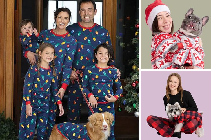 A family and pets wearing matching Christmasthemed pajamas