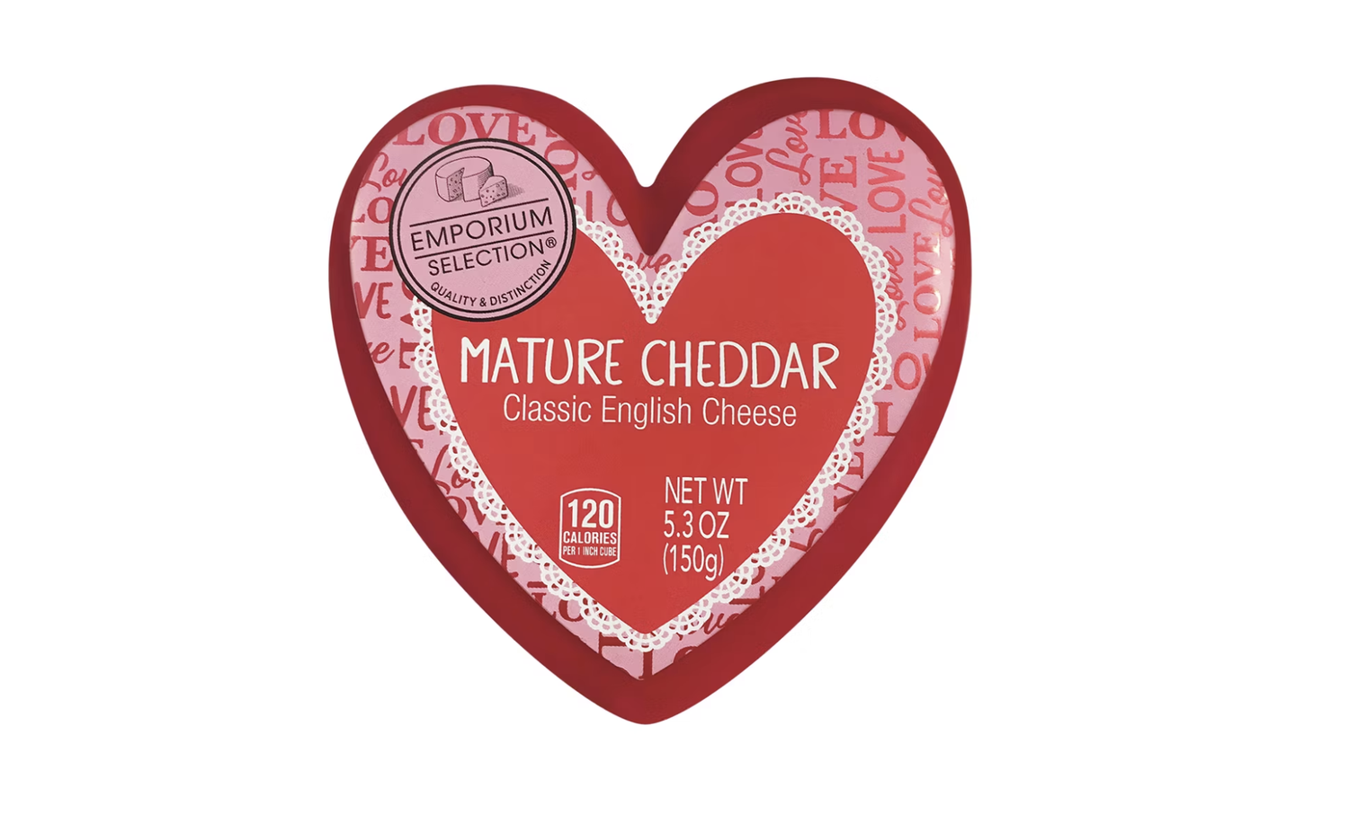 Heartshaped packaging for mature cheddar cheese labeled Classic English Cheese surrounded by a lacelike decoration