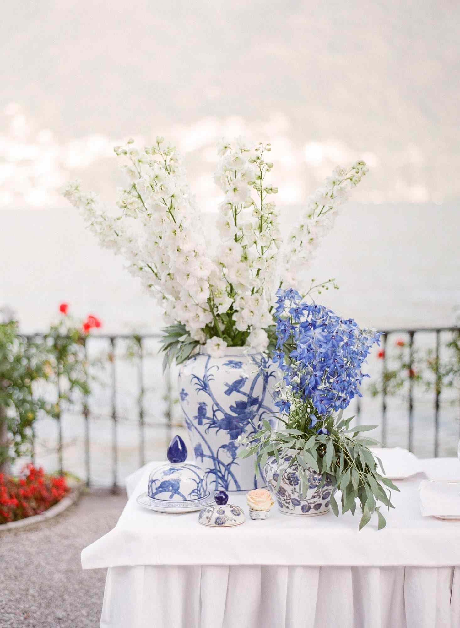 white and blue flower arrangement