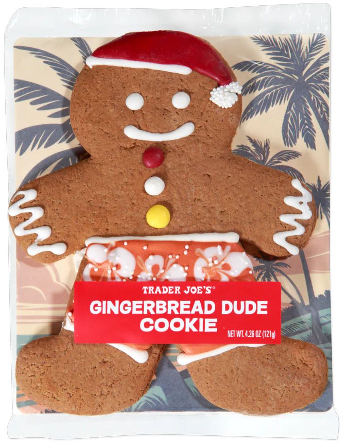 Trader Joes Gingerbread Dude Cookie in packaging shaped like a gingerbread man with icing decorations