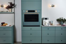 A blue green oven and kitchen