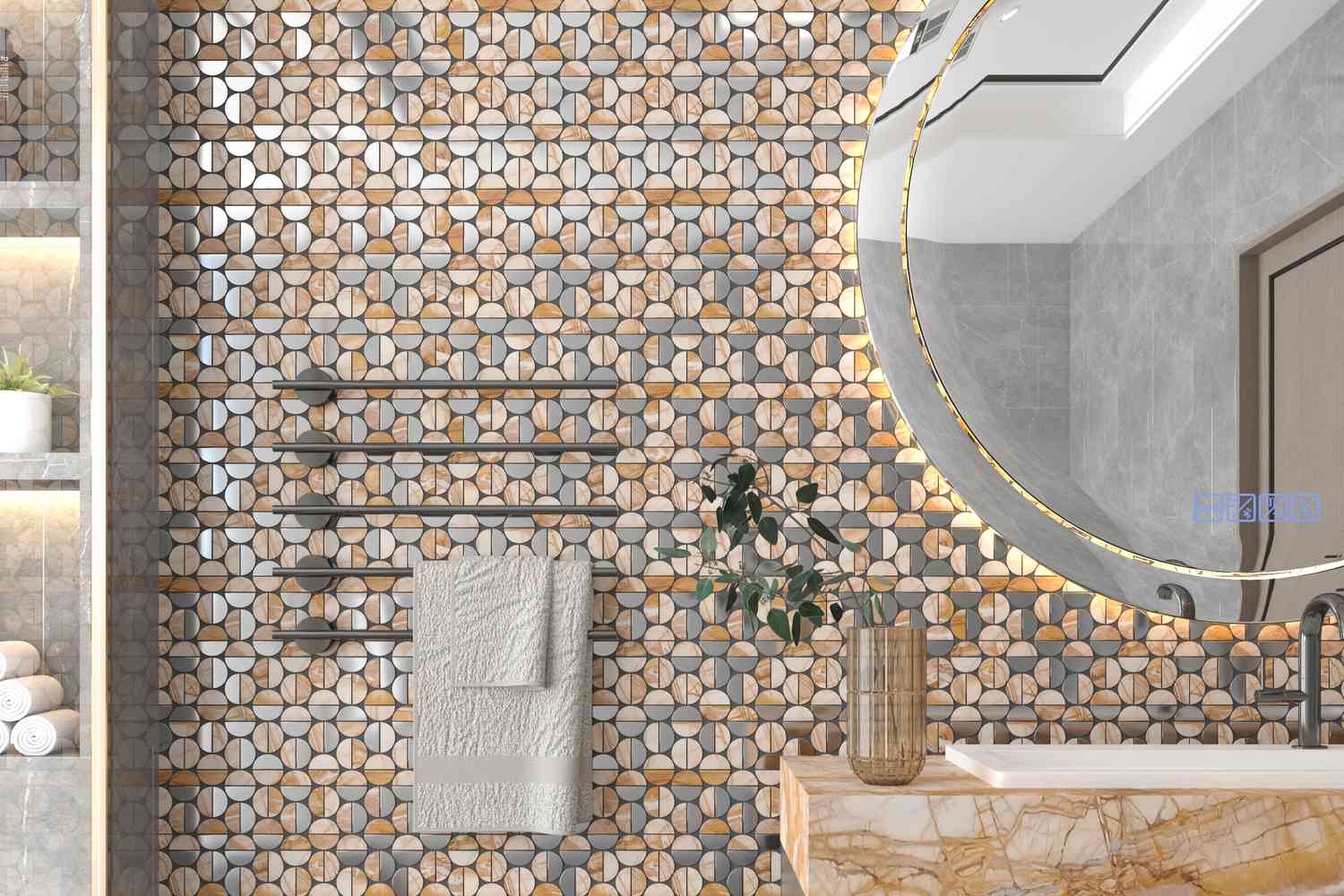 metalic mosaic tiles in a bathroom