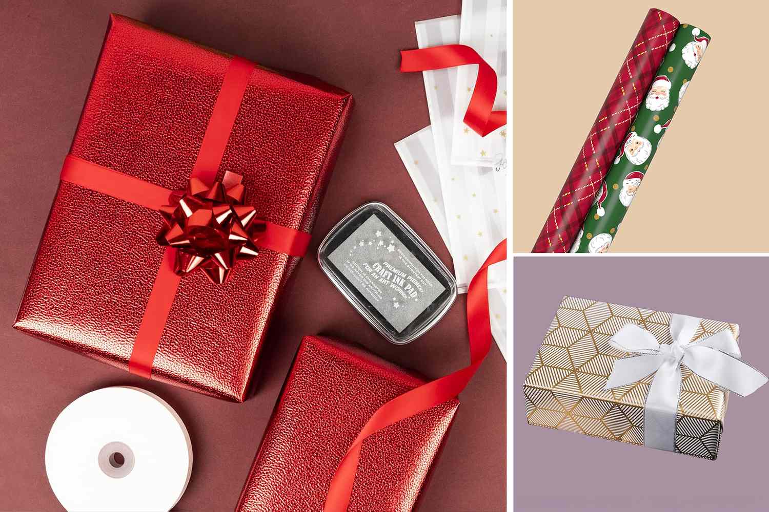Various gift wrapping papers and wrapped presents displayed including red ribbon metallic designs and Santathemed patterns
