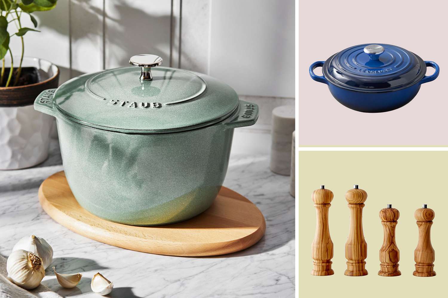 Composite image showing a green cast iron pot on a cutting board, a blue cast iron pot, and four wooden pepper mills in a row