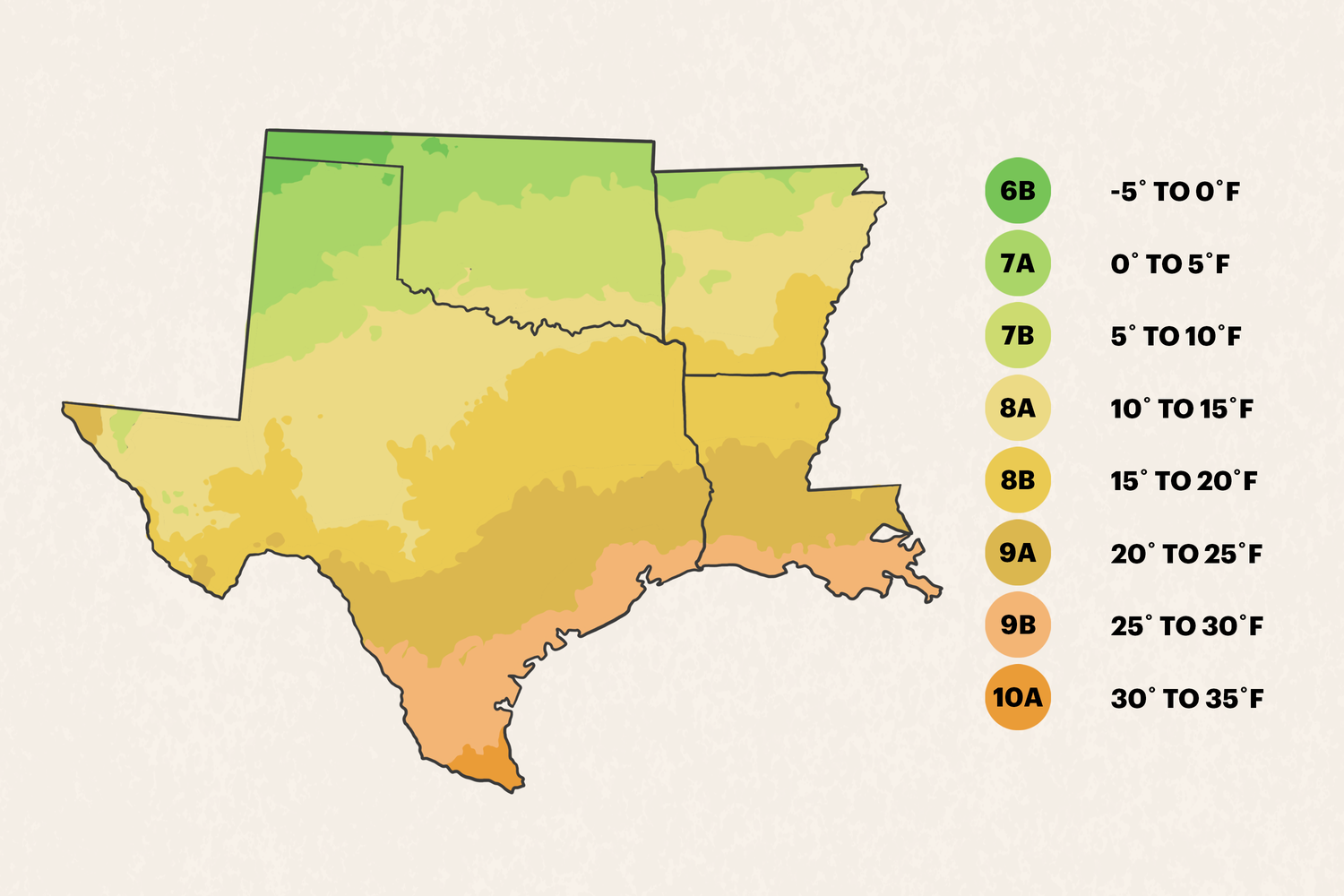 A map of South Central United States showing USDA hardiness zones with a color gradient indicating the range of average minimum temperatures