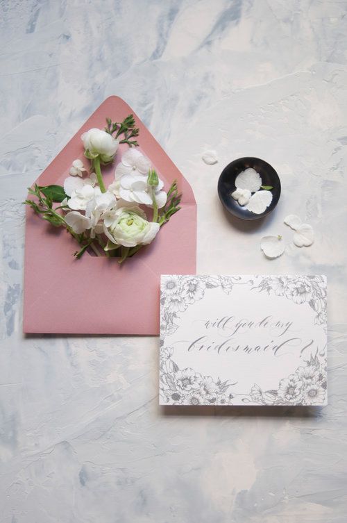 be my bridesmaid floral calligraphy card and envelope with flowers