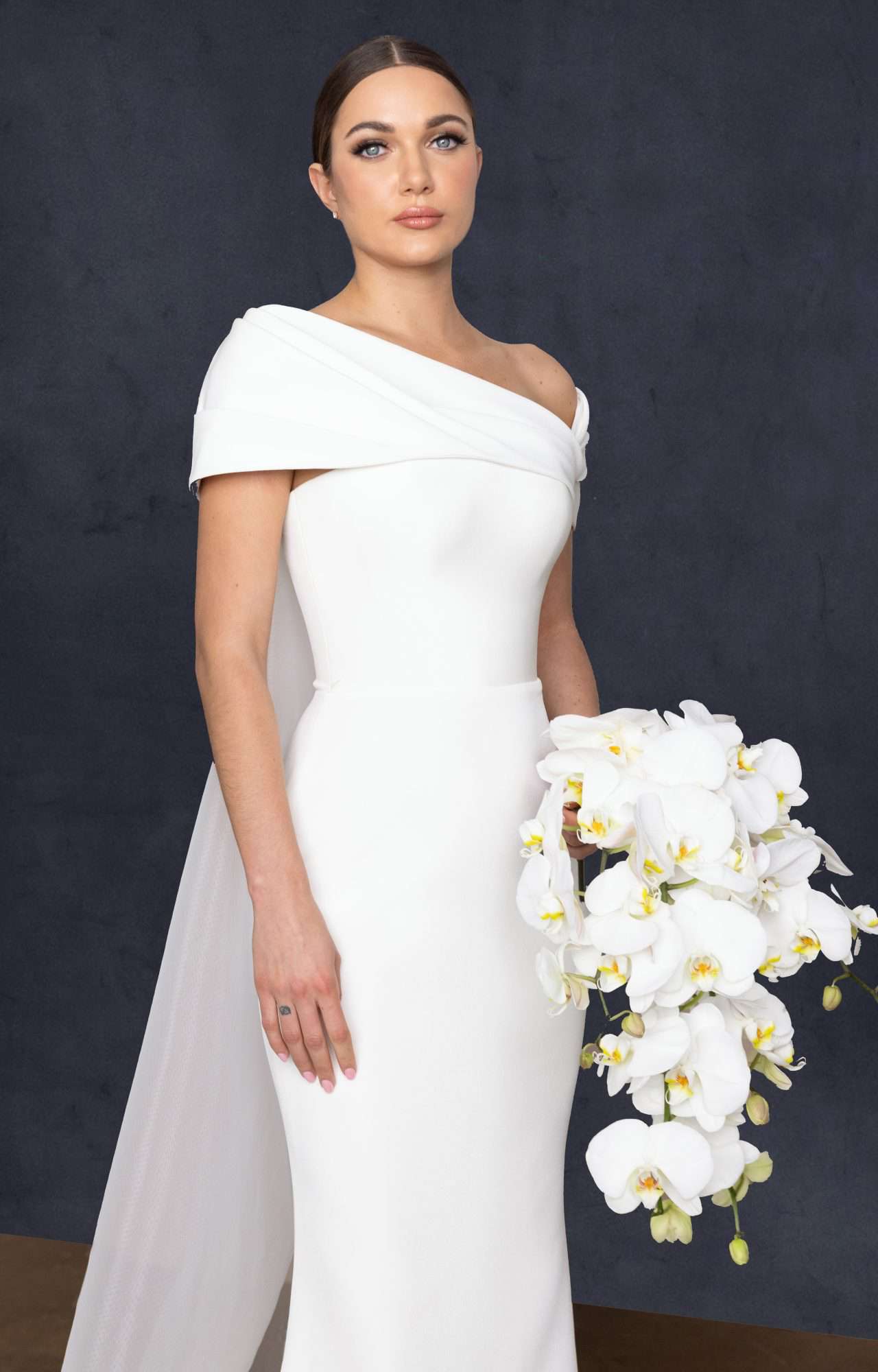 romona keveza crepe wedding dress with folded neckline