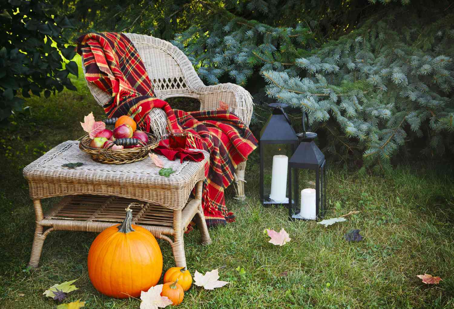 Cup of tea and apples on table and chair in autumn garden
