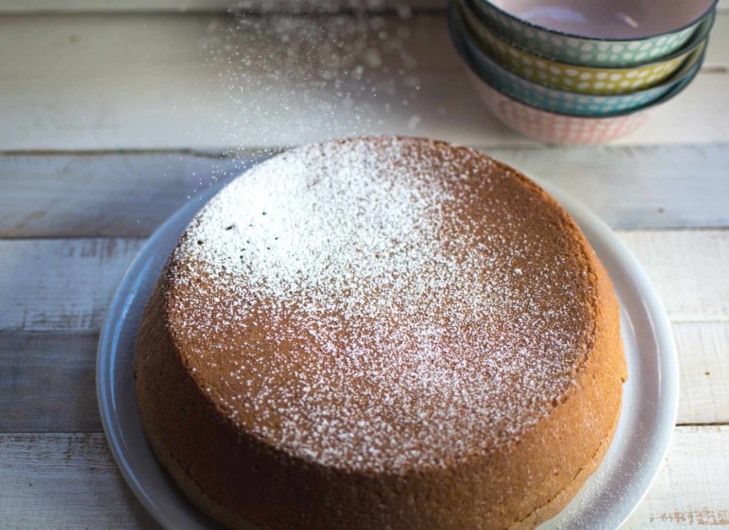 overhead view of a cake with powdered sugar