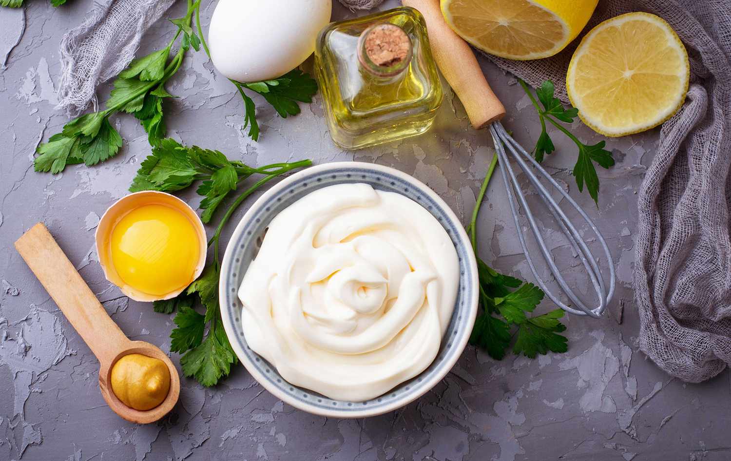Homemade mayonnaise and ingredients