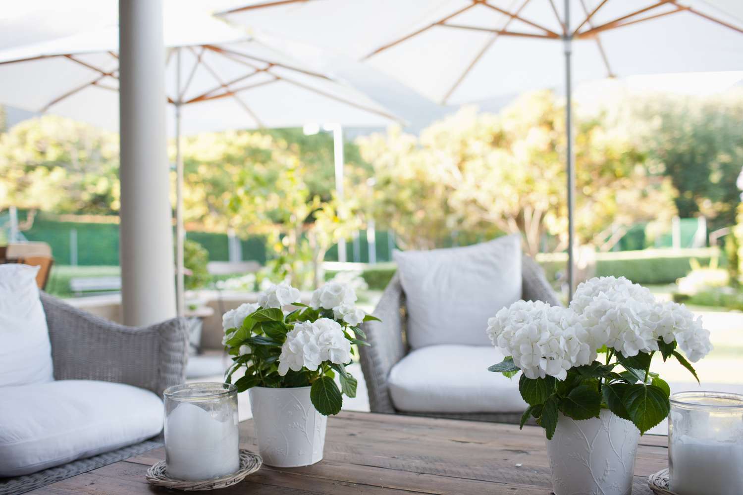 Outdoor seating area with white cushions flowers in pots and large umbrellas providing shade