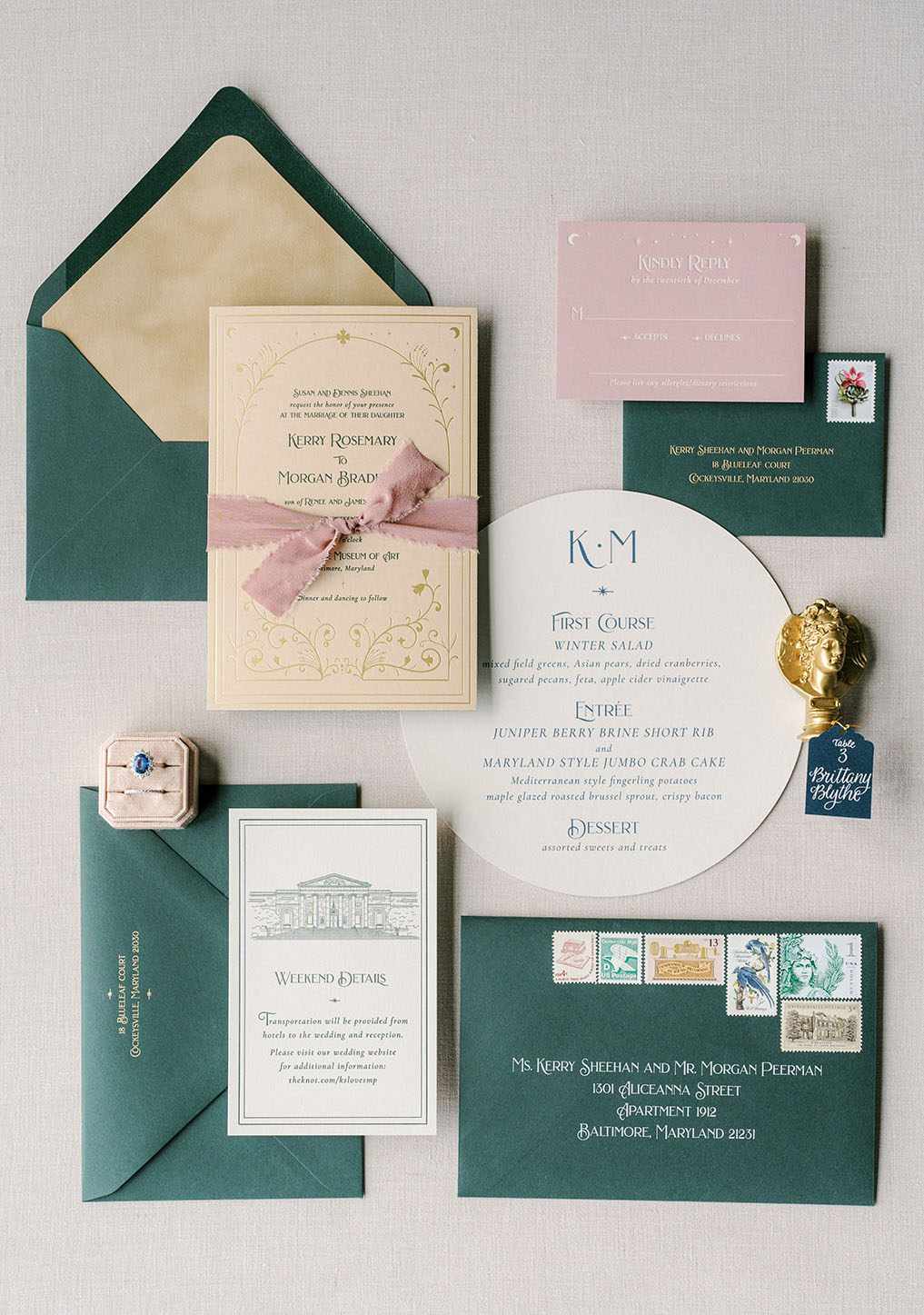 emerald green and pink wedding invitation suite