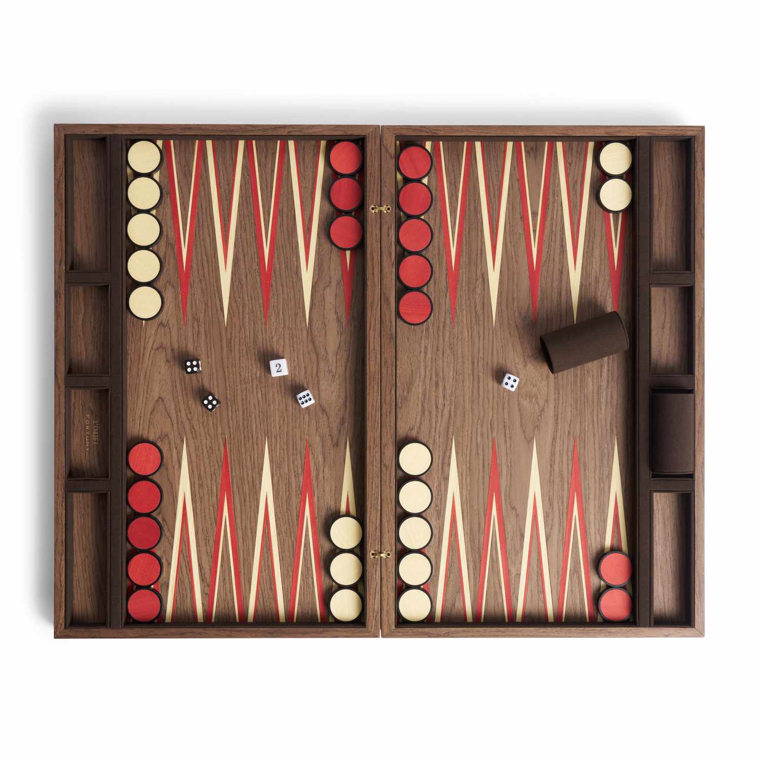 A backgammon board with pieces and dice in play